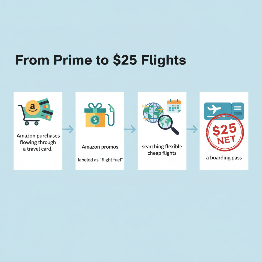 Laptop with flight search tools and price alerts while a wallet in the foreground shows points and Amazon-related credits lowering a fare