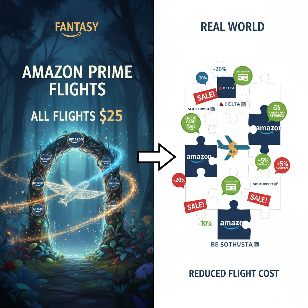 Split scene comparing a fantasy Amazon Prime $25 flight portal with the real mix of airline sales, rewards, and Amazon perks being stacked together