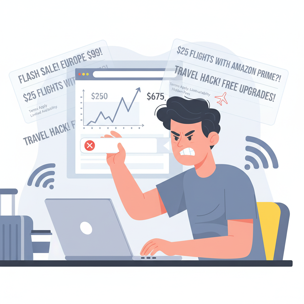 Frustrated traveler closing a laptop with flight prices jumping and $25 Amazon Prime flights headlines in the background