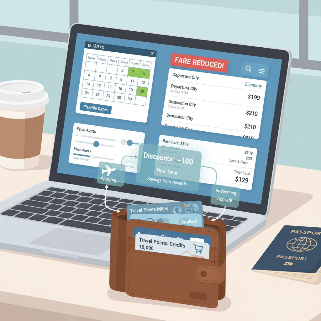 Person juggling Amazon gift cards, promos, and credits that funnel into a flight fund piggy bank and a low-cost plane ticket