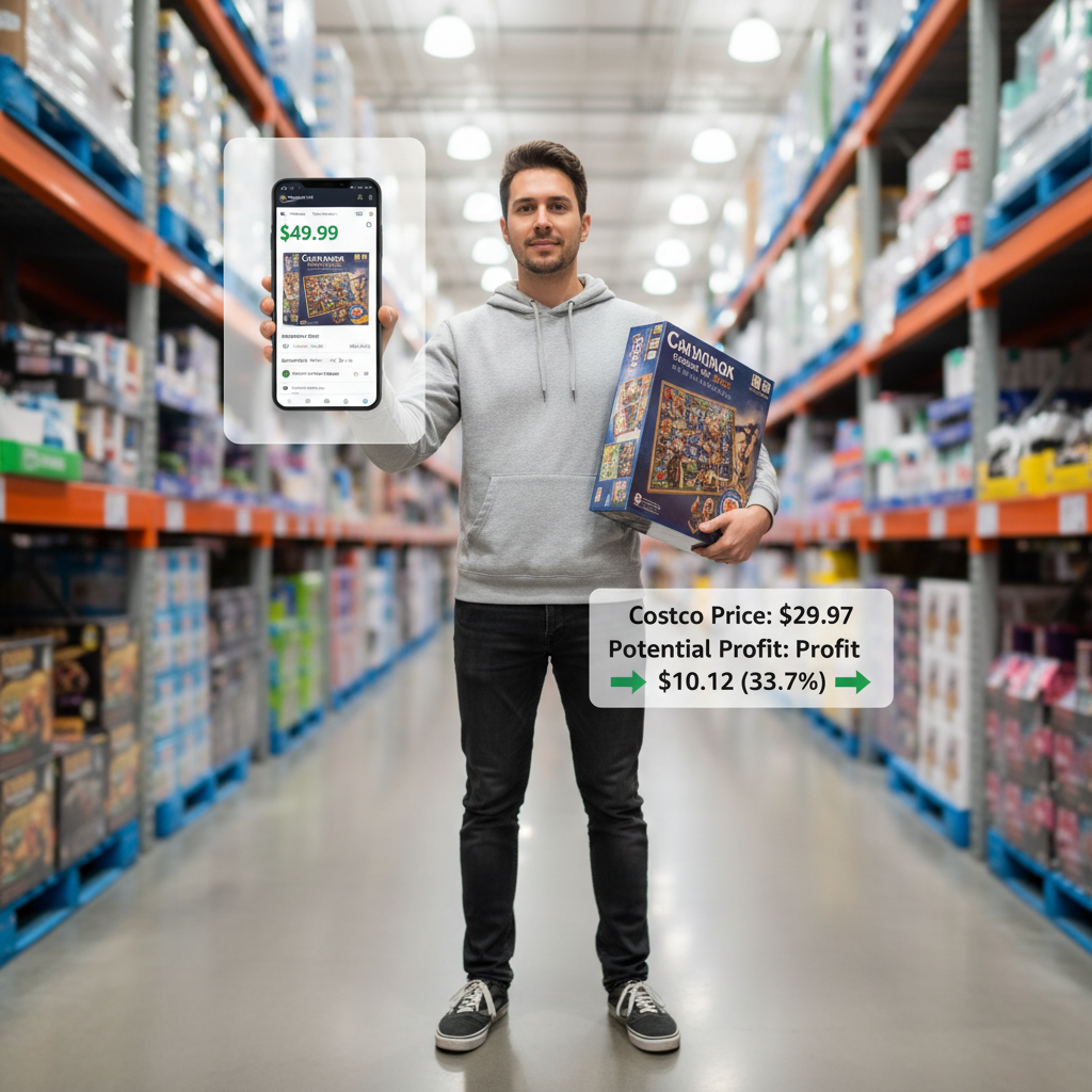 Side-hustler scanning products in a store aisle and comparing Amazon arbitrage prices