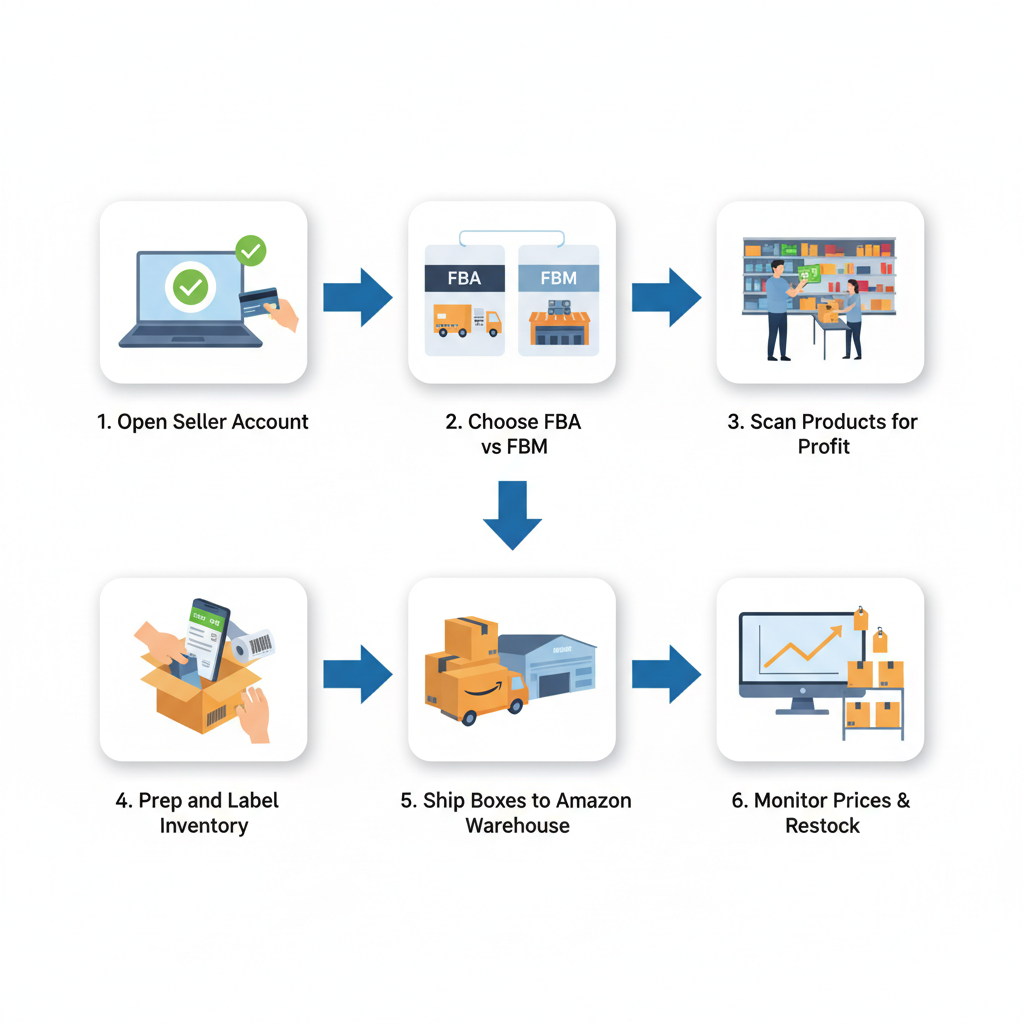 Step-by-step workflow diagram for Amazon arbitrage from seller account to restocking