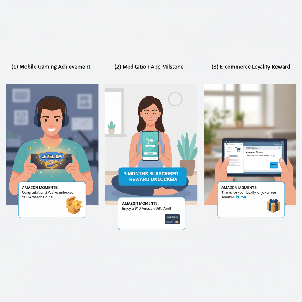 Illustration connecting Amazon cart behavior to in-app rewarded actions via Amazon Moments