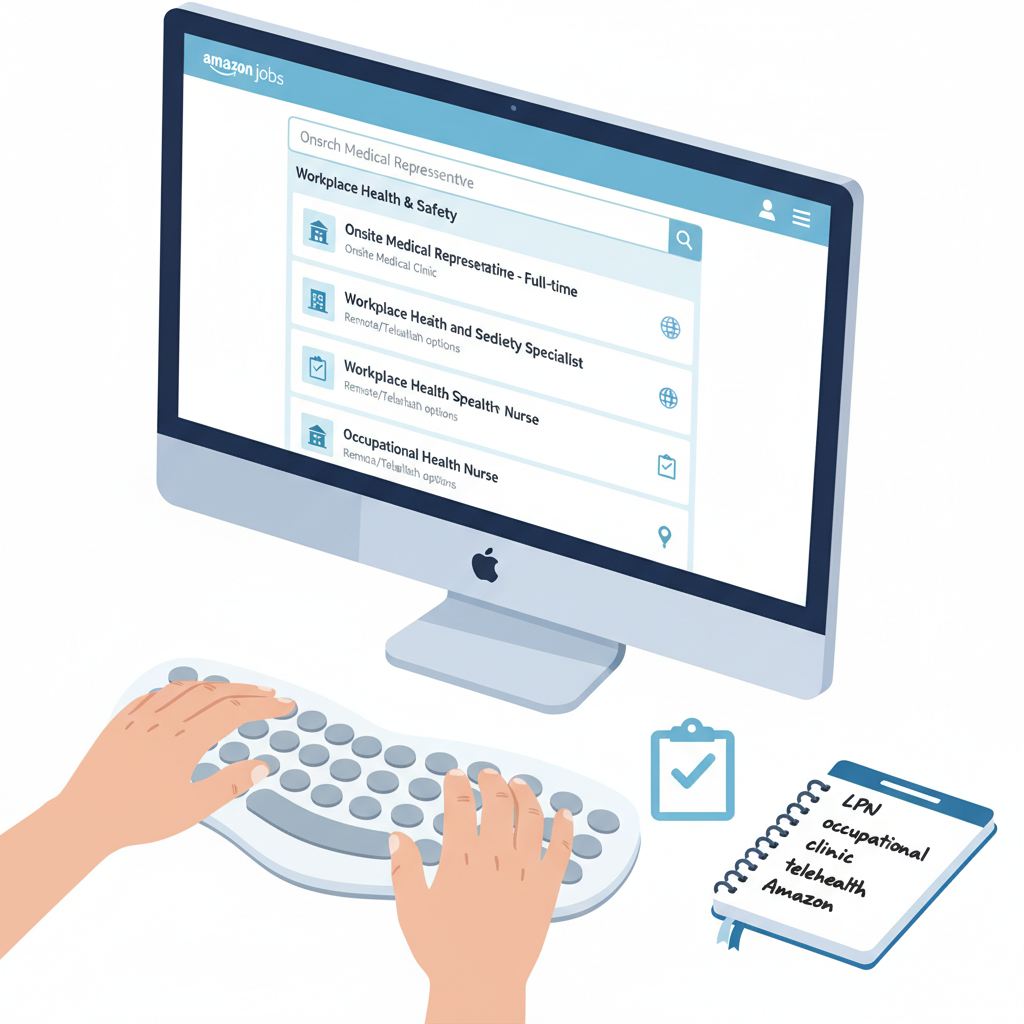 Close-up of Amazon jobs search showing medical and safety roles with an LPN typing and keyword notes