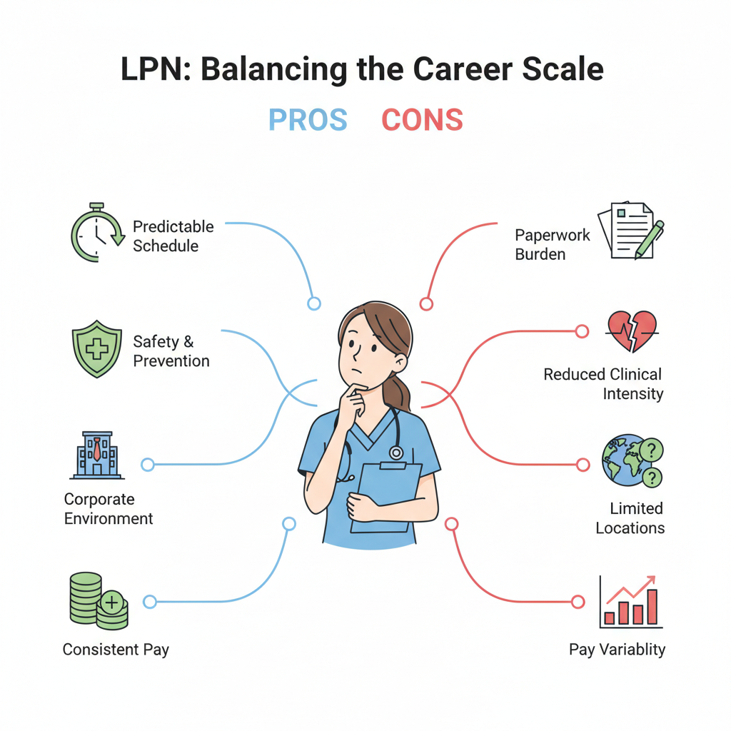Infographic of pros and cons of LPN roles at Amazon around a thoughtful nurse