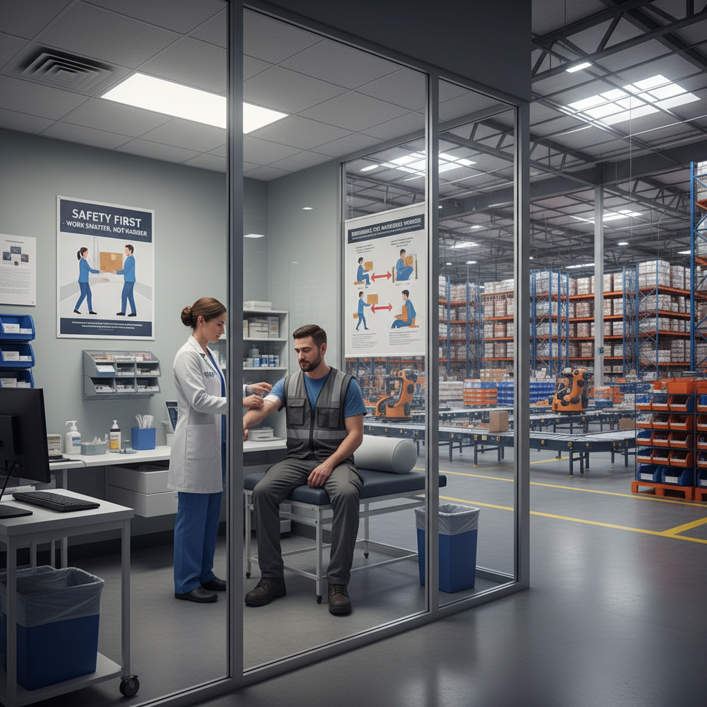 Amazon fulfillment center with an on-site clinic where an LPN provides first aid to a warehouse worker