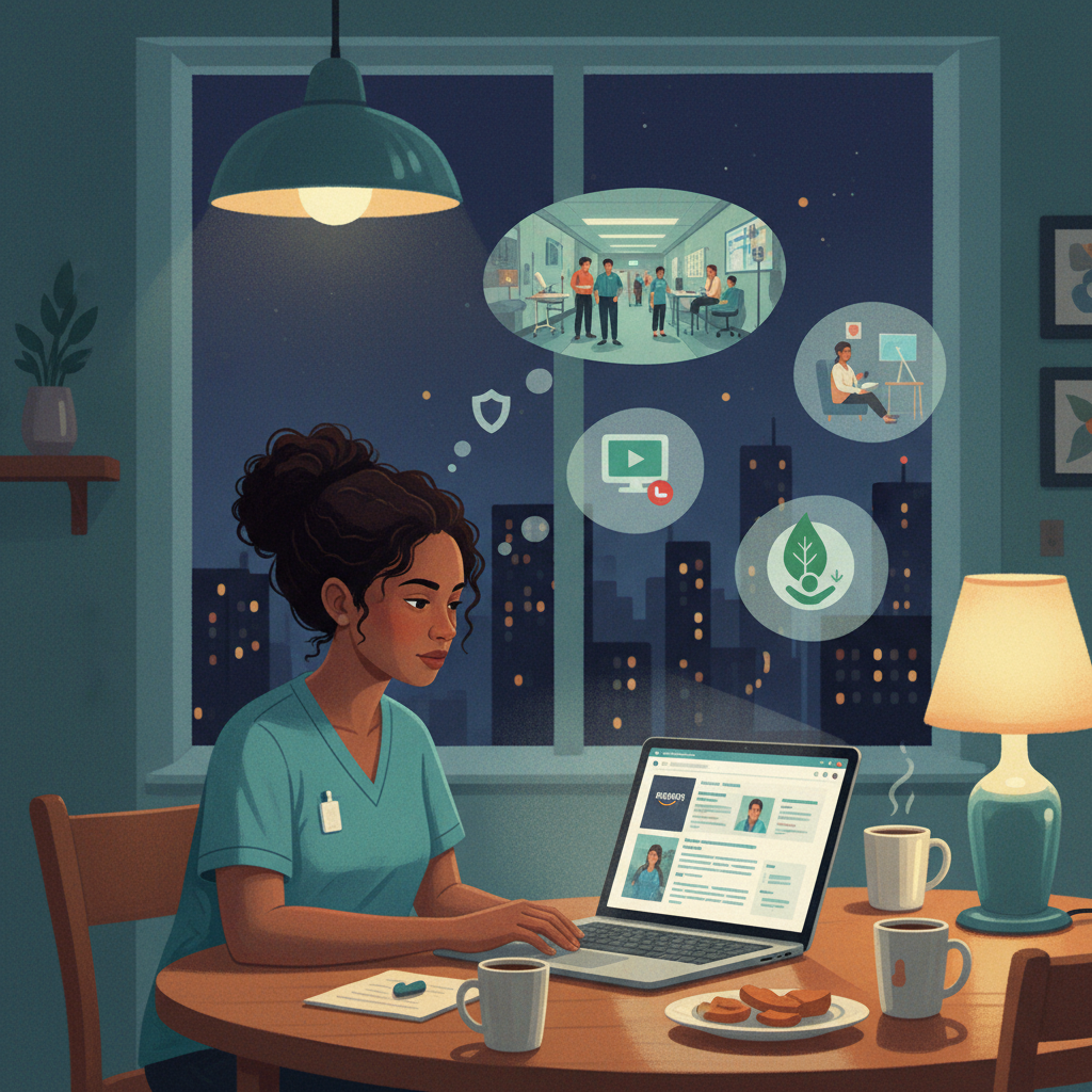 LPN scrolling Amazon job listings at night with hospital imagery fading into safety and telehealth icons