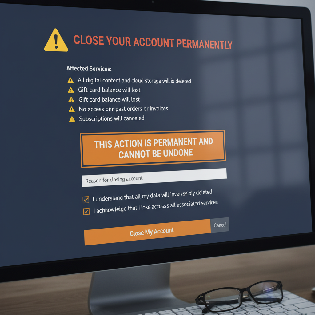 Computer screen showing a generic close your account page with warnings and a close my account button