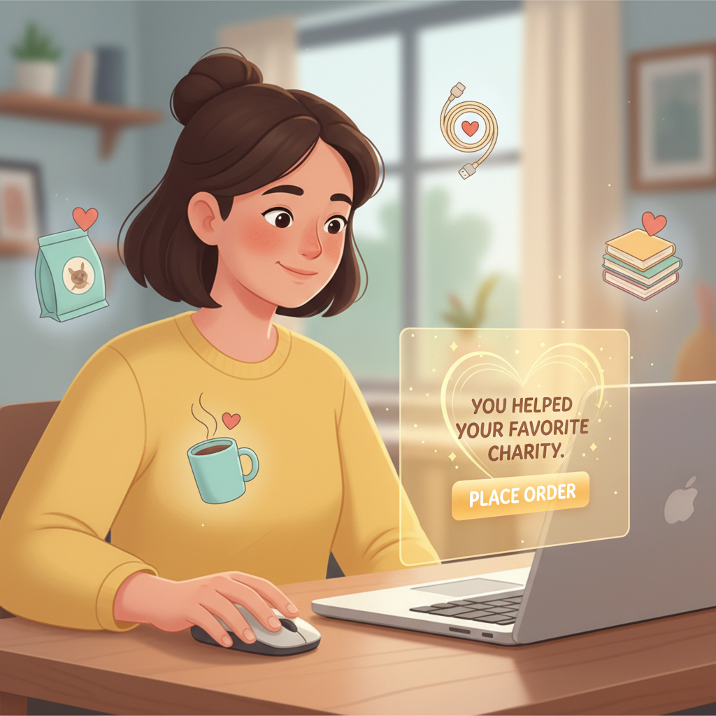 Person placing an online order while seeing a subtle message about helping their favorite charity