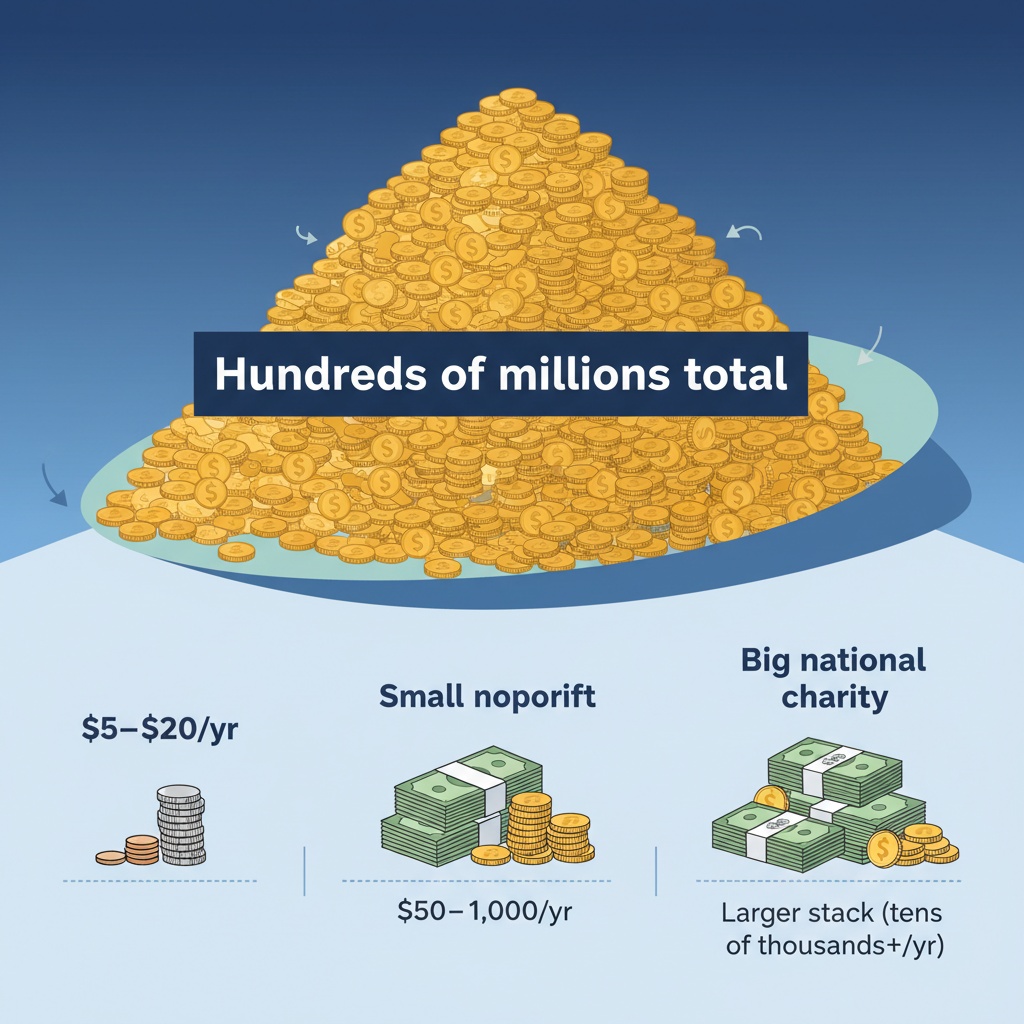 Infographic showing total AmazonSmile donations versus individual and nonprofit-level amounts