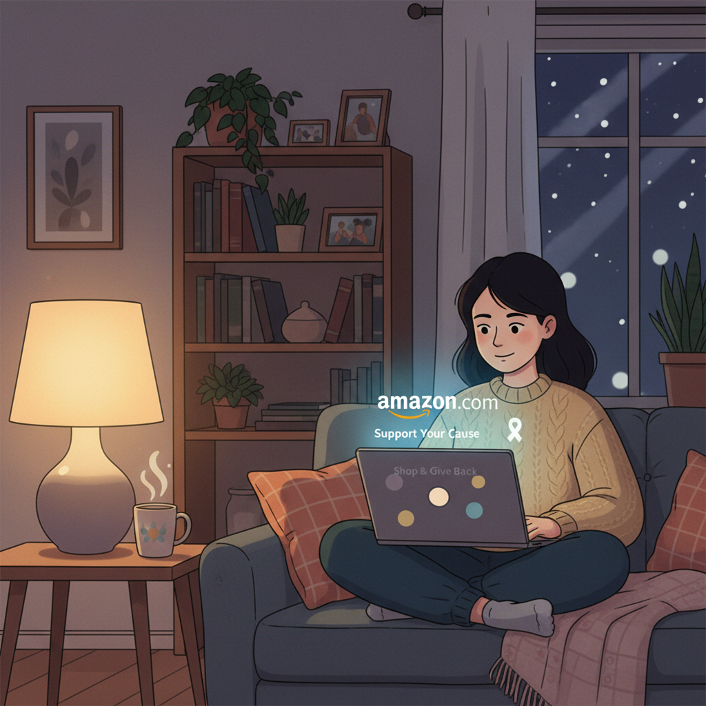 Person shopping on AmazonSmile at night, illustrating shopping for charity