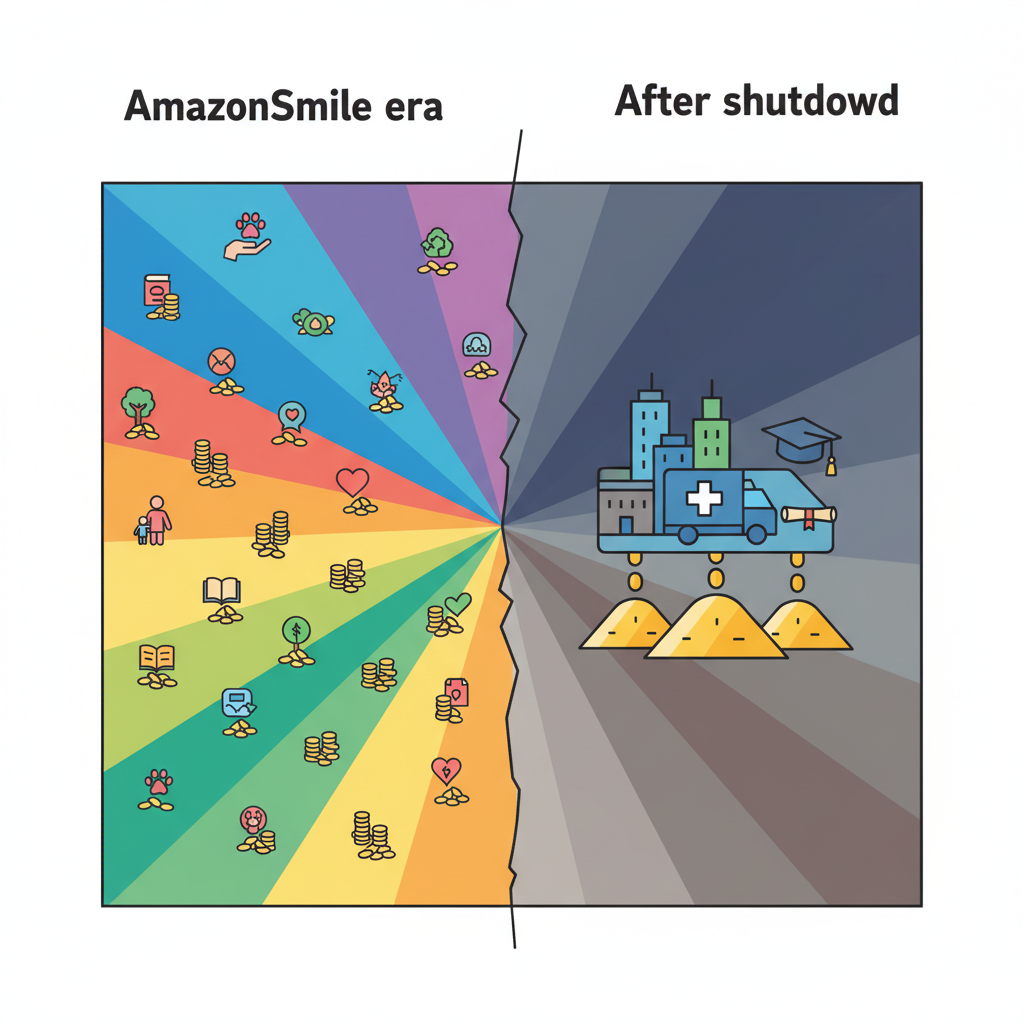 Concept illustration comparing AmazonSmile era and post-shutdown focused giving