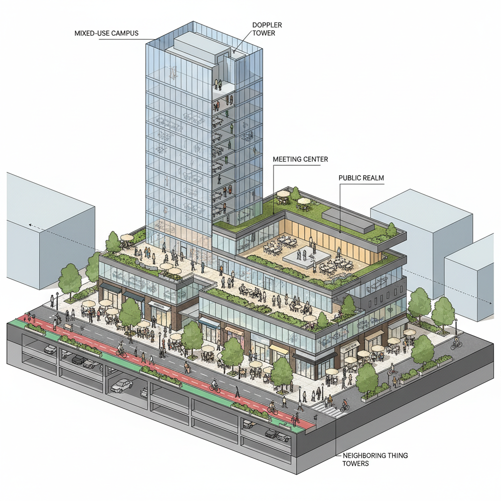 Street-level view diagram of Amazon’s Doppler block showing the tall tower, retail base, meeting center, and cycle track in a walkable urban campus