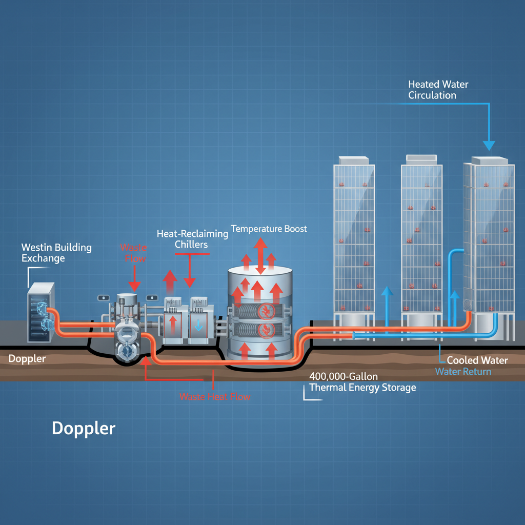 Technical infographic cross-section of Doppler’s district energy system recycling waste heat from the neighboring Westin data center
