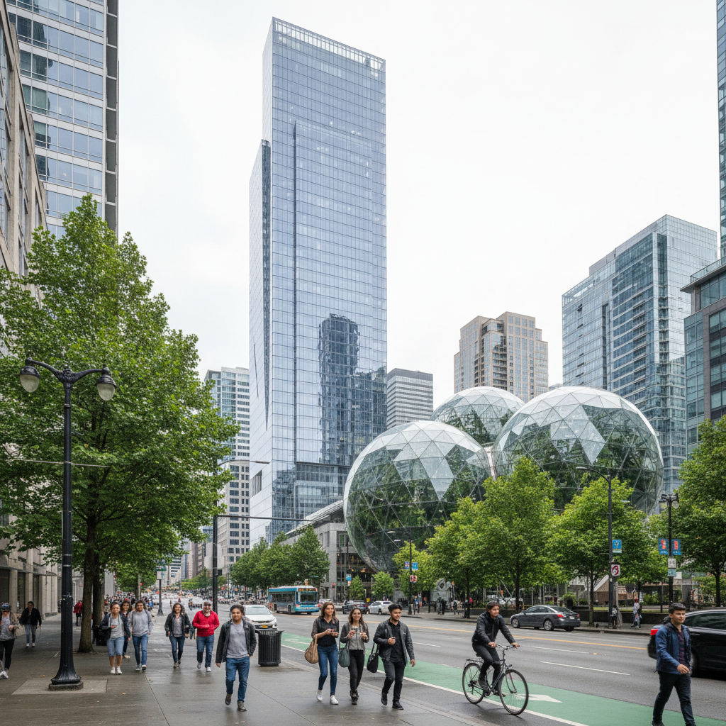 Amazon Doppler tower and Spheres in Seattle’s Denny Triangle on an overcast day with active sidewalks and urban energy