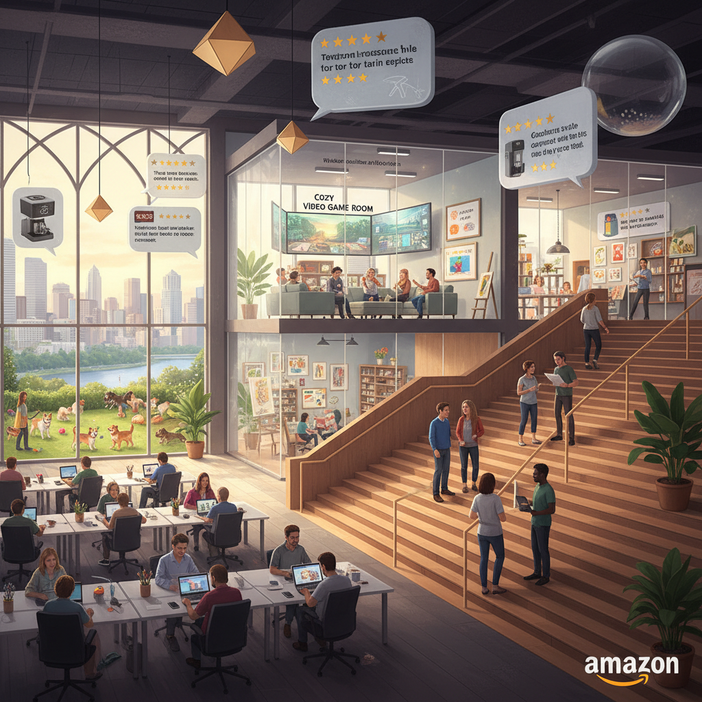 Conceptual illustration of Doppler tower overlaid with Amazon Echo silhouettes and sound waves, highlighting codename-inspired building names