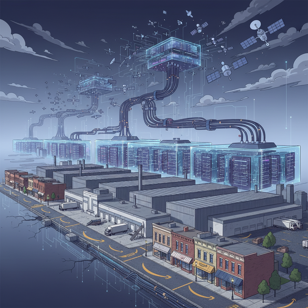 Cinematic illustration of Amazon's expanding frontier across small towns, warehouses, data centers, and satellites