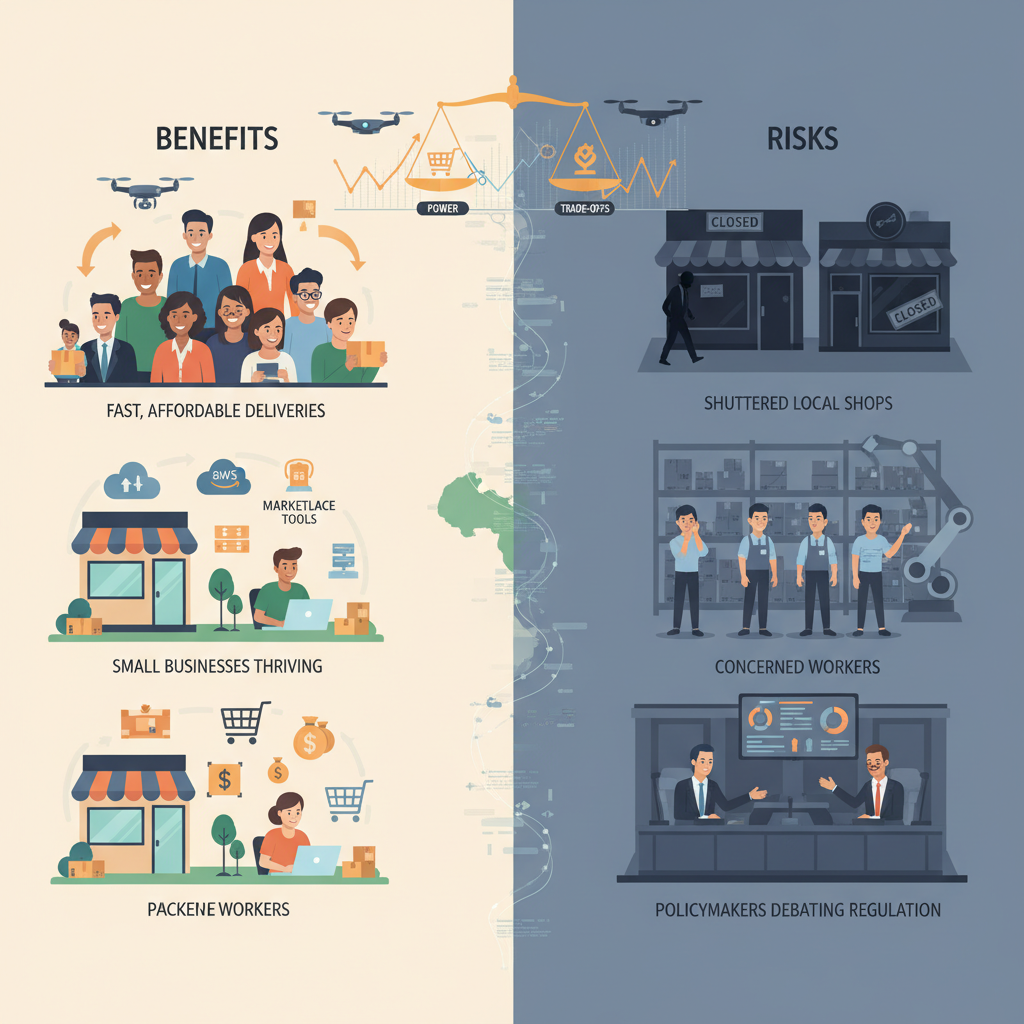 Cozy connected living room filled with Amazon devices and data streams showing convenience and data trade-offs