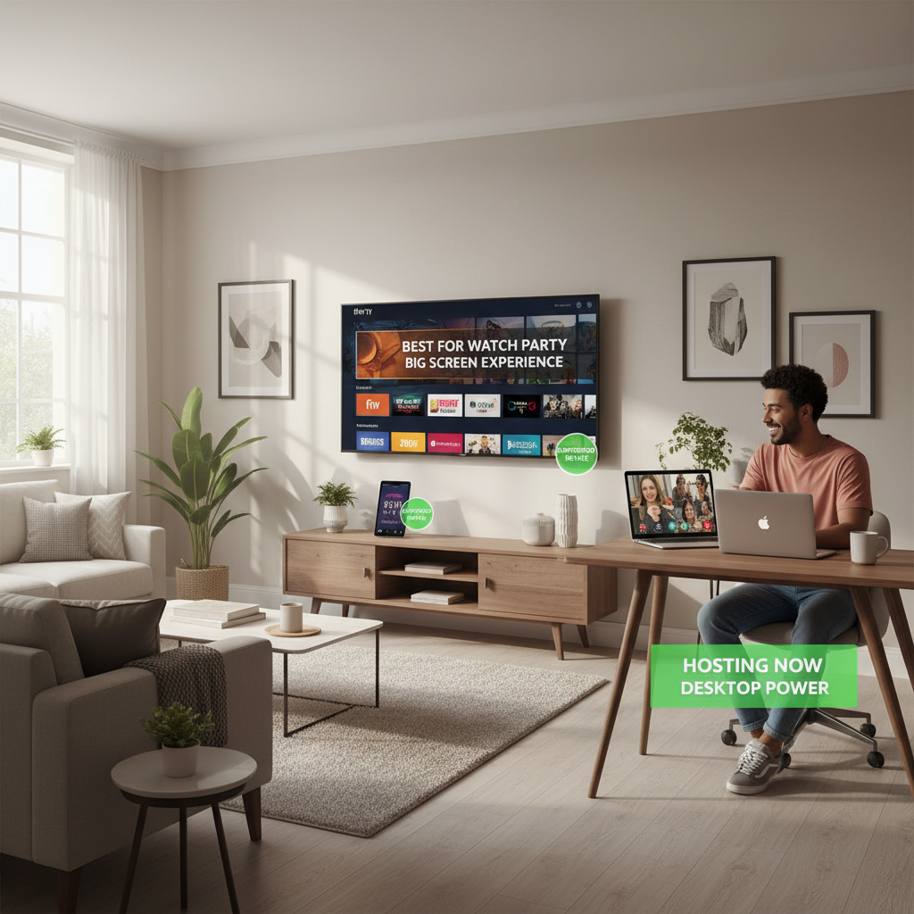 Living room with laptop, Fire TV, tablet, and phone showing which devices are best for Amazon Watch Party