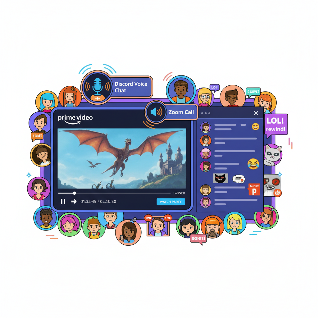 Prime Video player mockup with lively chat sidebar and multiple participants in an Amazon Watch Party