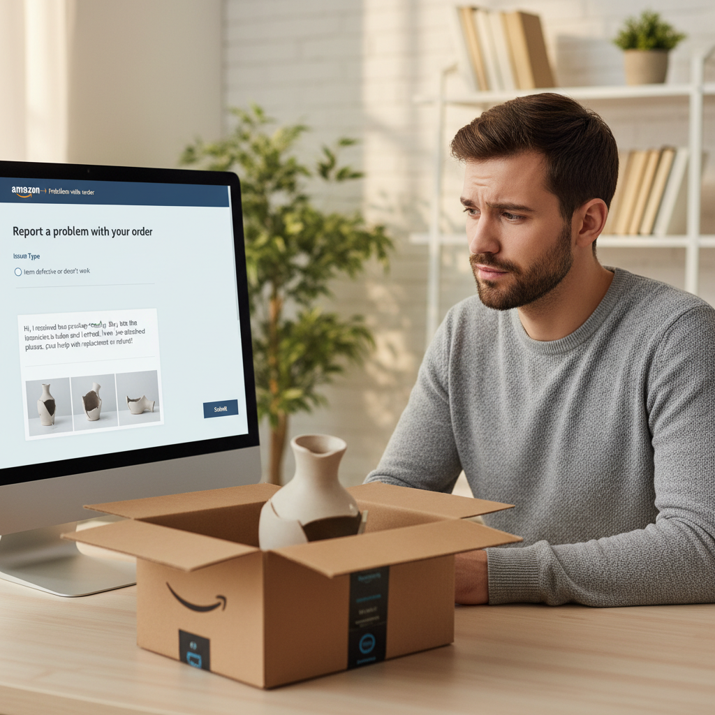 Illustration of Amazon Your Orders page highlighting Problem with order and Contact seller buttons