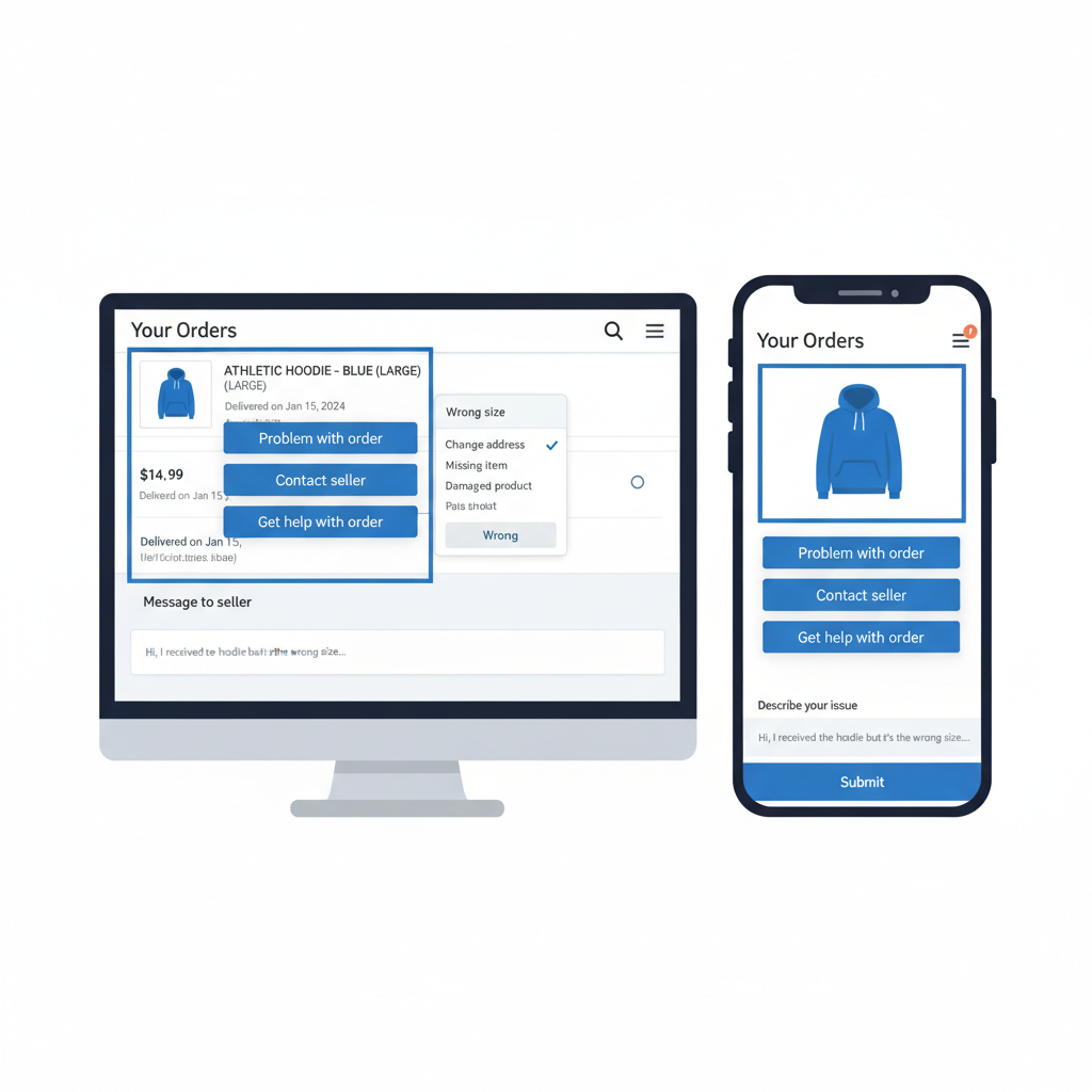 Split-screen illustration of desktop and mobile Amazon product pages with Ask a question buttons highlighted
