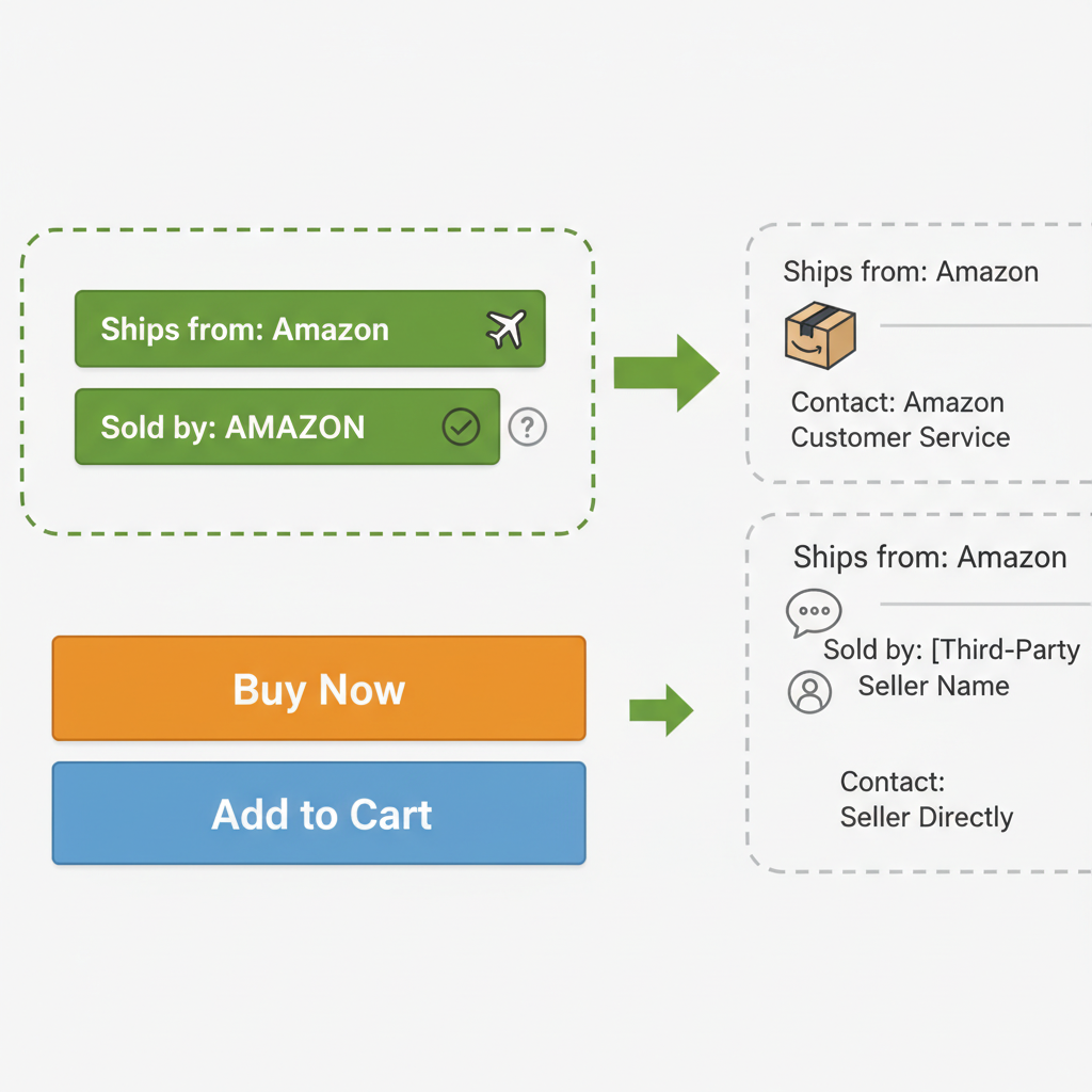 Illustration of Amazon product page on laptop and smartphone highlighting Sold by and Contact seller links