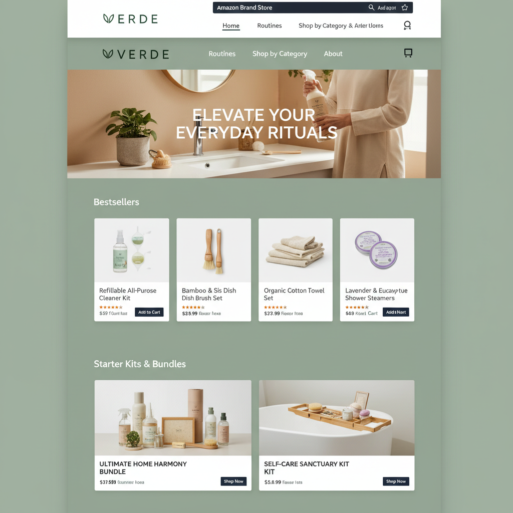 Premium Amazon Brand Store homepage mockup with hero banner, logo, navigation, and product tiles