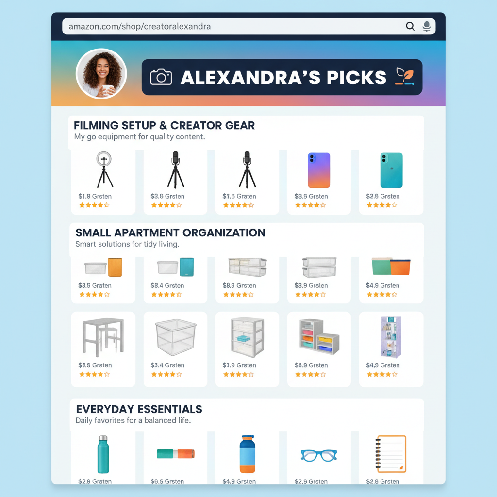 Mockup of a customized Amazon influencer storefront with branded banner, profile photo, and organized product lists