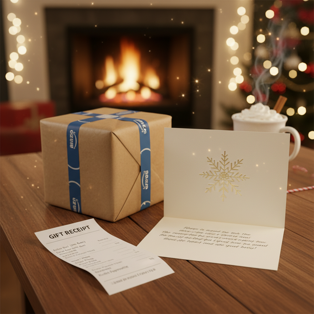 Cozy gift scene with an Amazon style package and printed gift receipt beside a greeting card