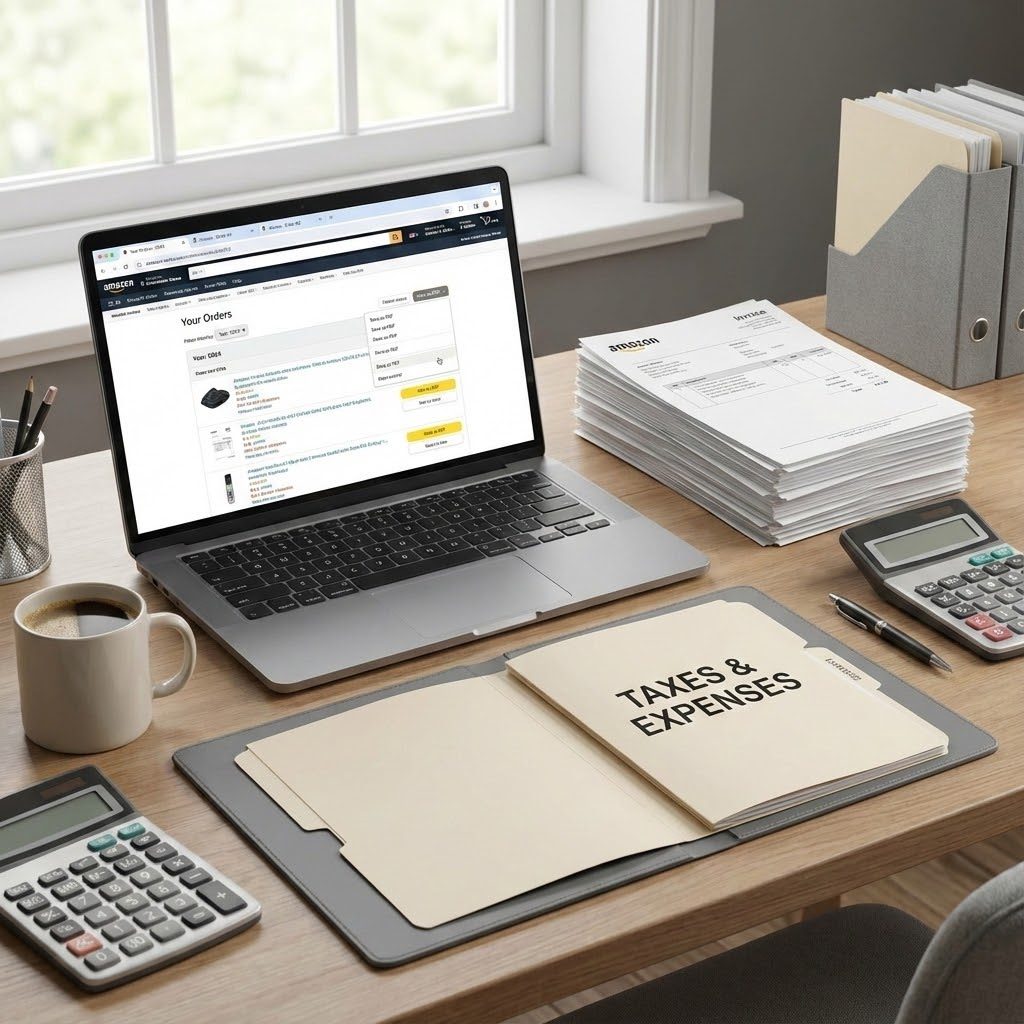 Organized accounting desk with multiple Amazon invoices open on a laptop and printed receipts filed for taxes