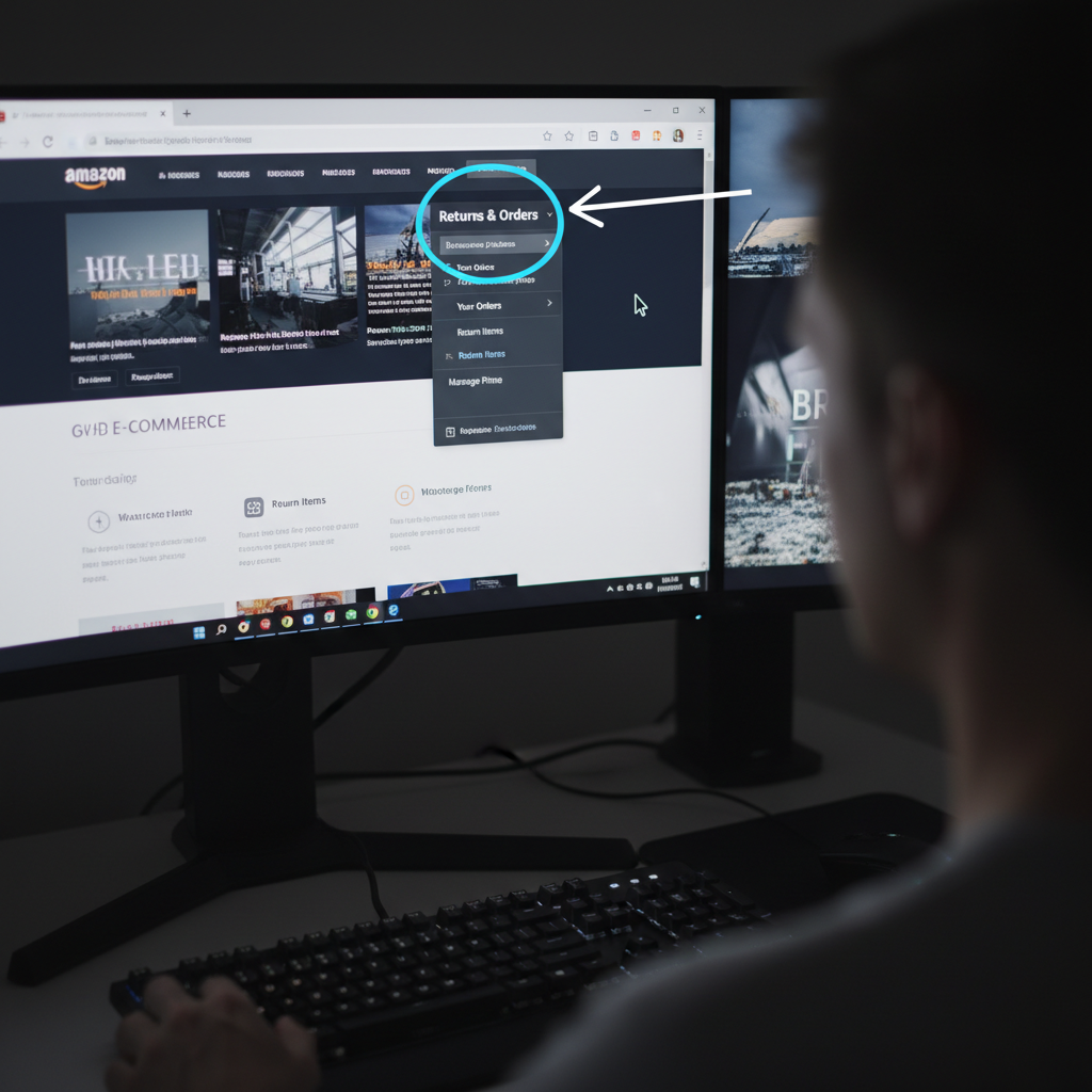 Desktop user navigating to Amazon Your Orders and opening printable invoice on a large monitor