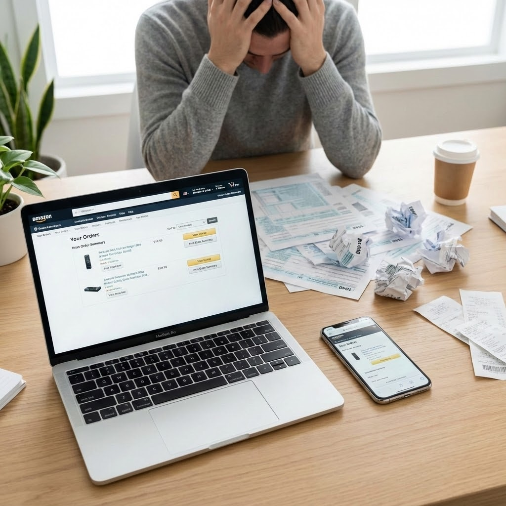 Person searching for the print receipt option on Amazon on laptop and phone, surrounded by tax paperwork