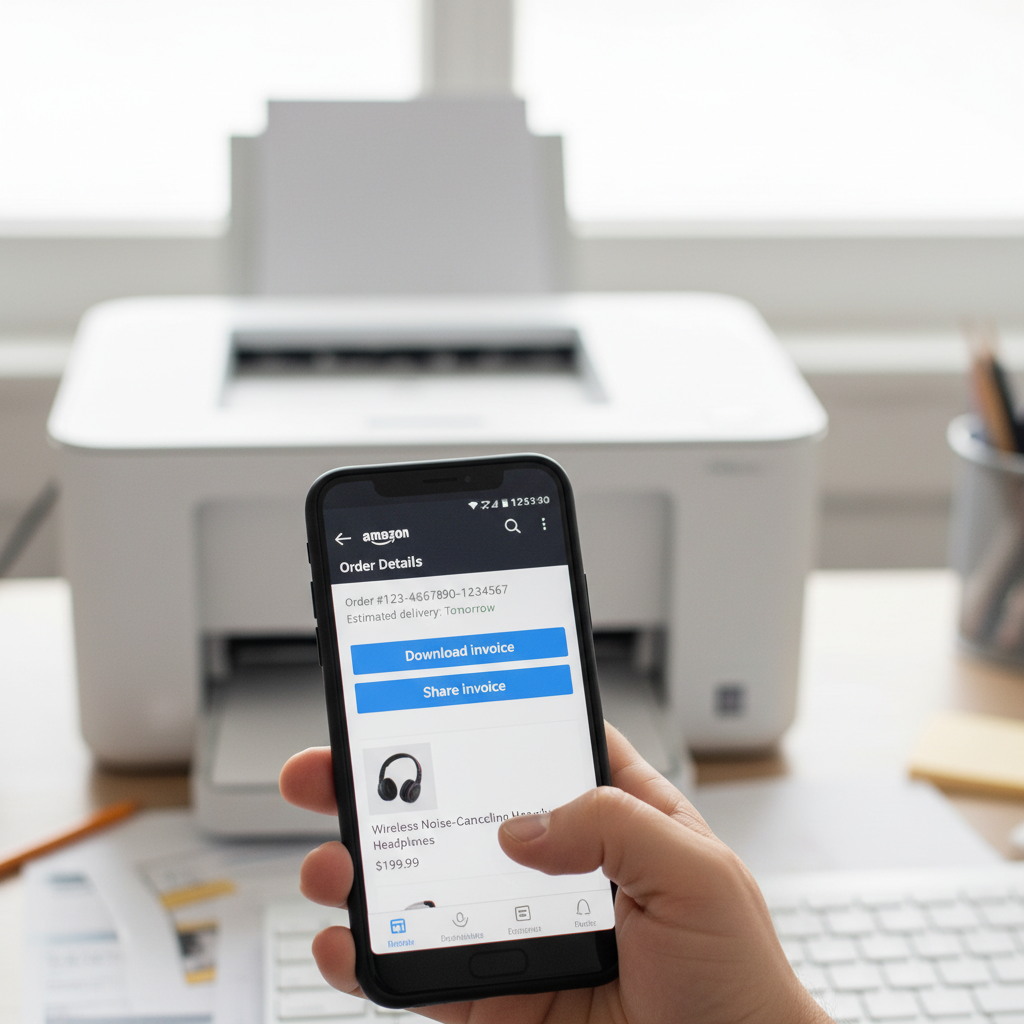 Smartphone showing Amazon app order details with download and share invoice options near a printer