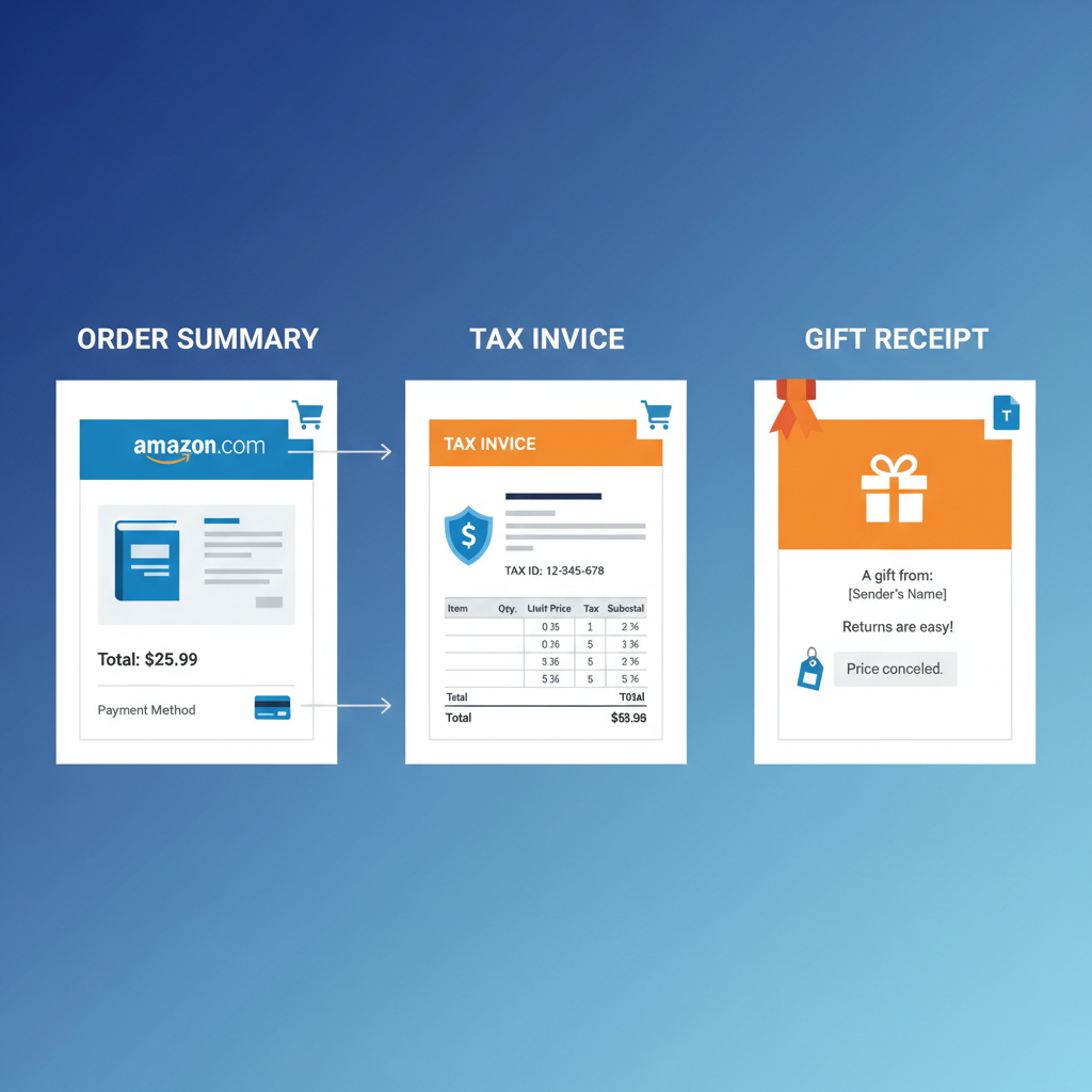 Infographic comparing Amazon order summary, invoice, and gift receipt side by side