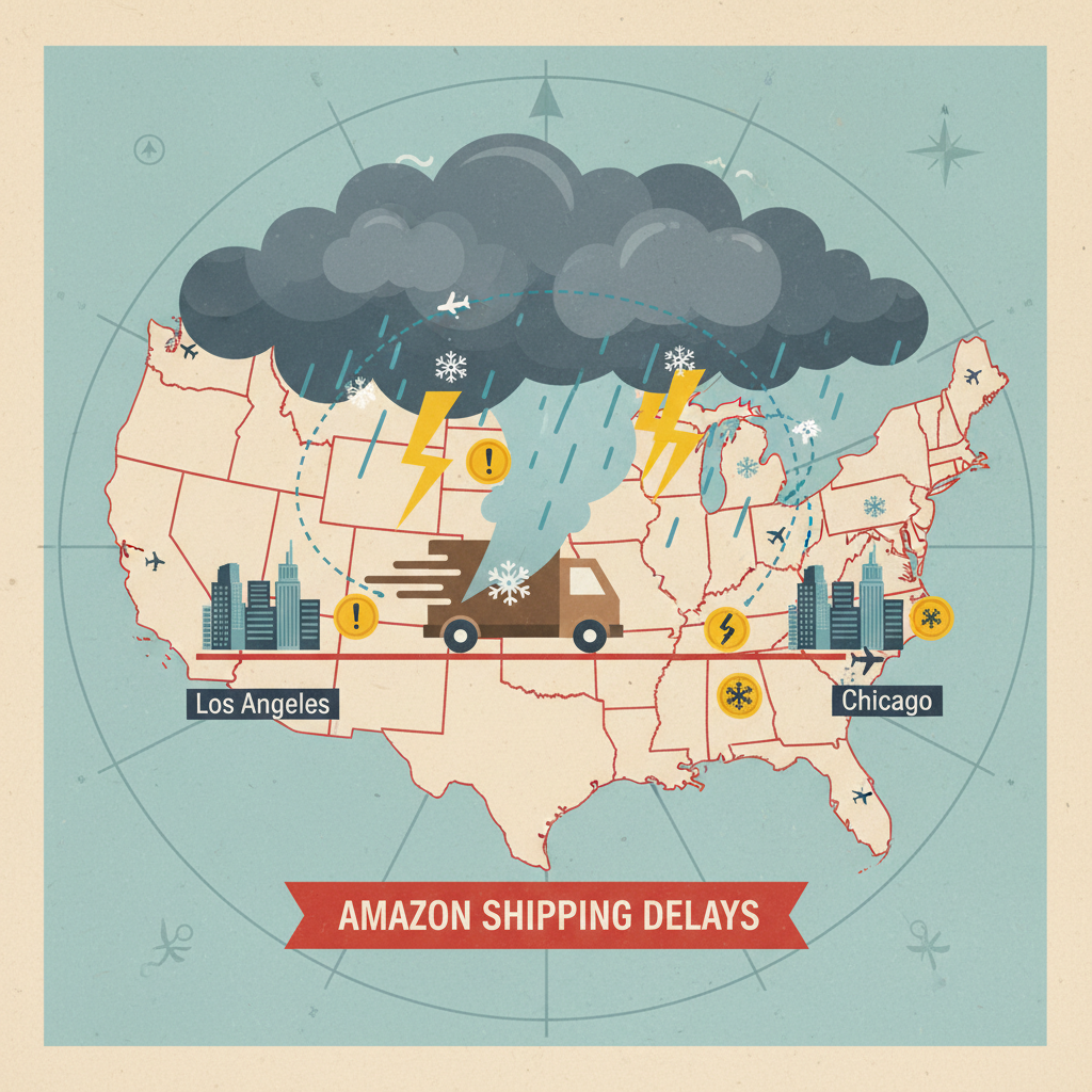 Map illustration showing a delivery truck delayed mid-route under storm clouds, representing shipping delays
