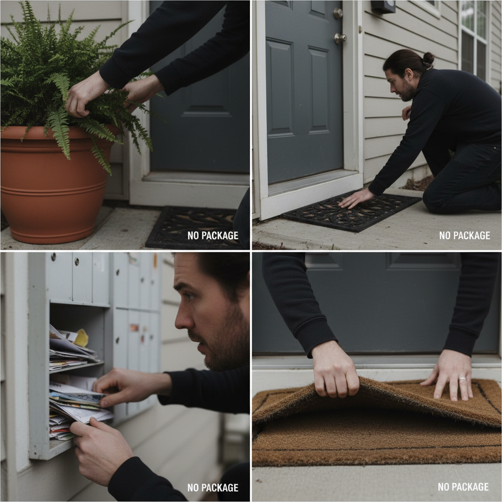 Person checking multiple hiding spots around a home and apartment building for a delivered package