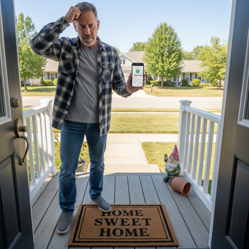 Frustrated adult at front door looking at an empty porch while checking Amazon tracking marked delivered