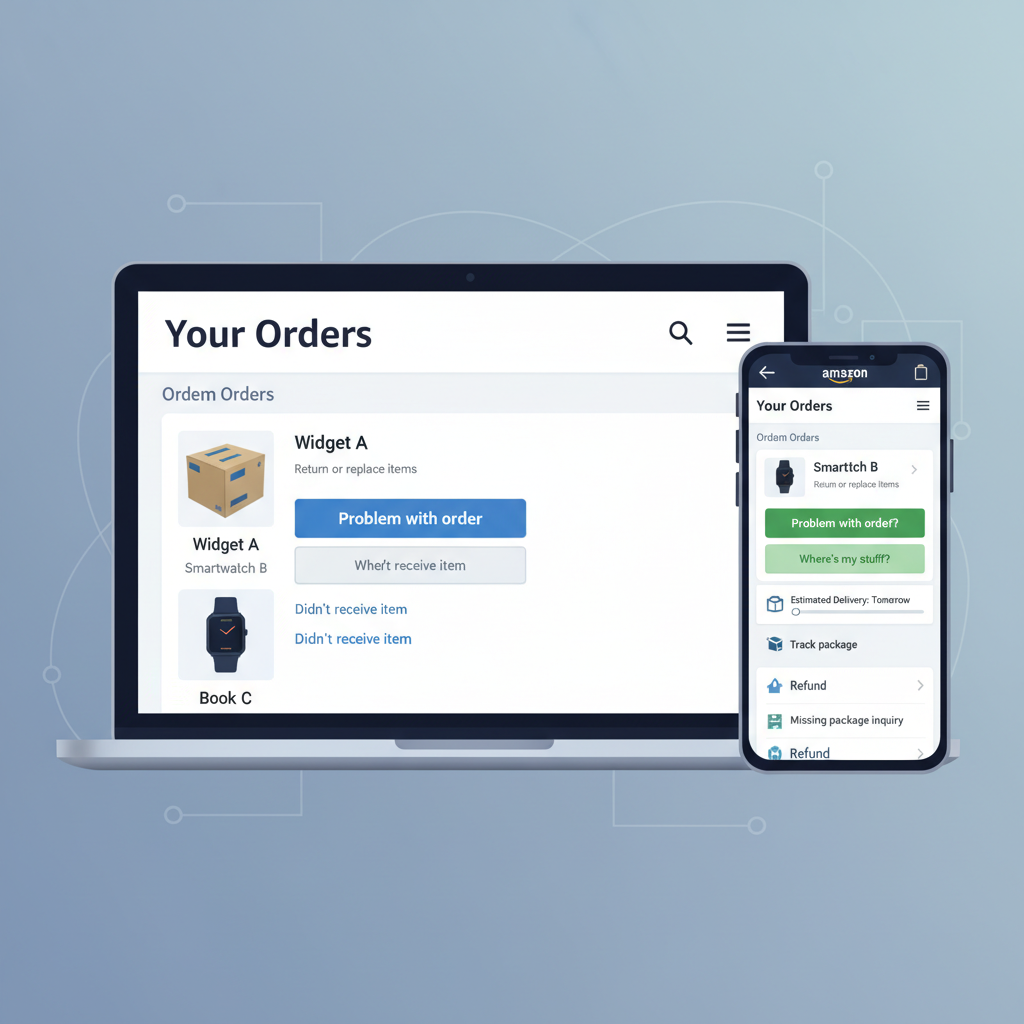 Amazon account screen showing Your Orders and Where's My Stuff tools on laptop and phone