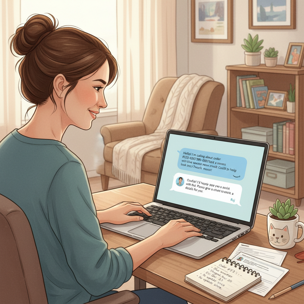 Illustration of Amazon support tools and a customer calmly chatting with customer service about a missing package