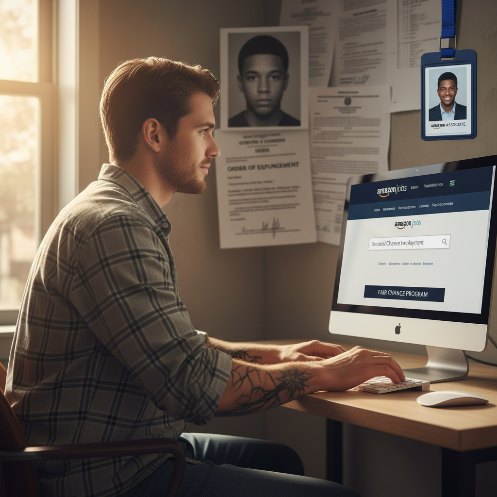 Job seeker with a record viewing Amazon job openings on a laptop, symbolizing second chances and fair-chance hiring