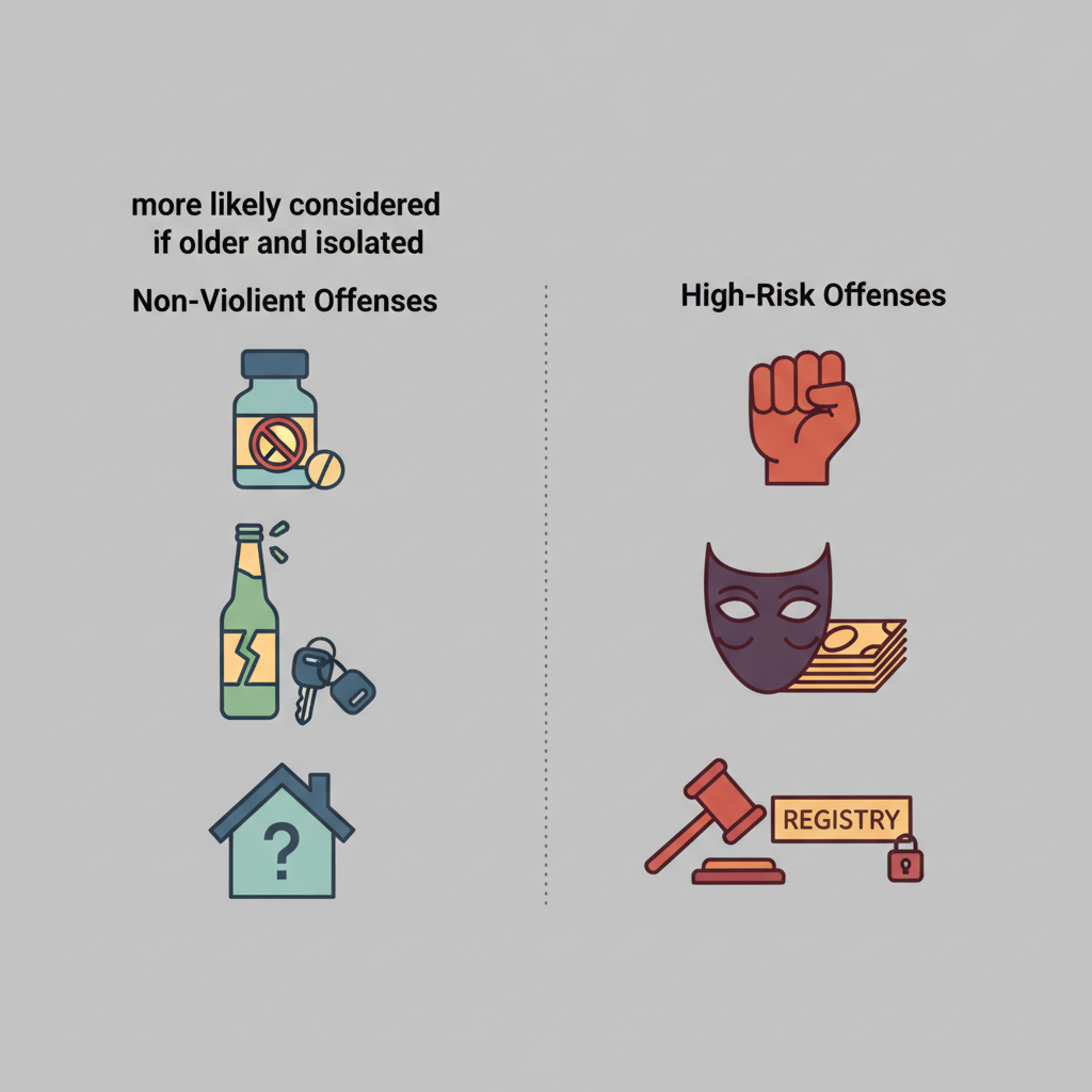 Infographic contrasting non-violent and high-risk offenses with icons and labels for Amazon hiring consideration