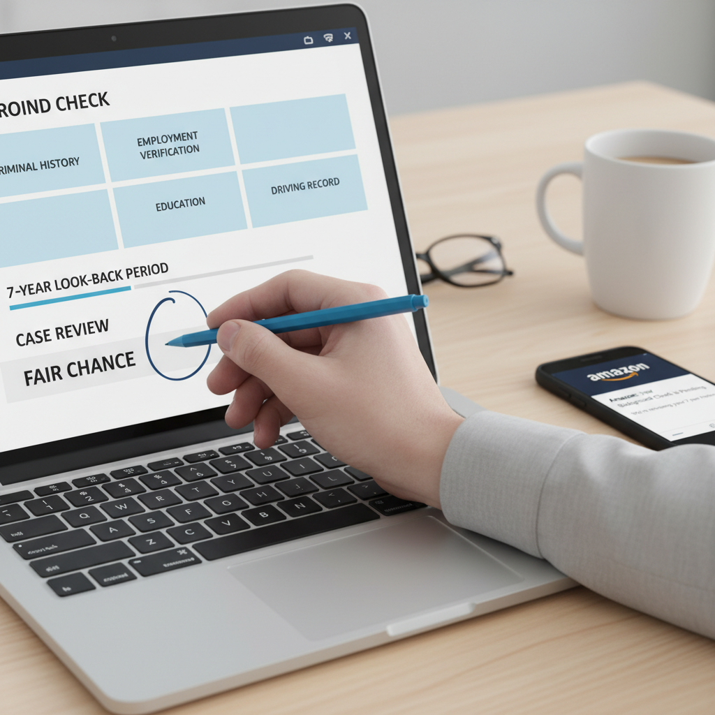 Background check report on a laptop screen with a seven-year timeline and Fair Chance notes highlighted