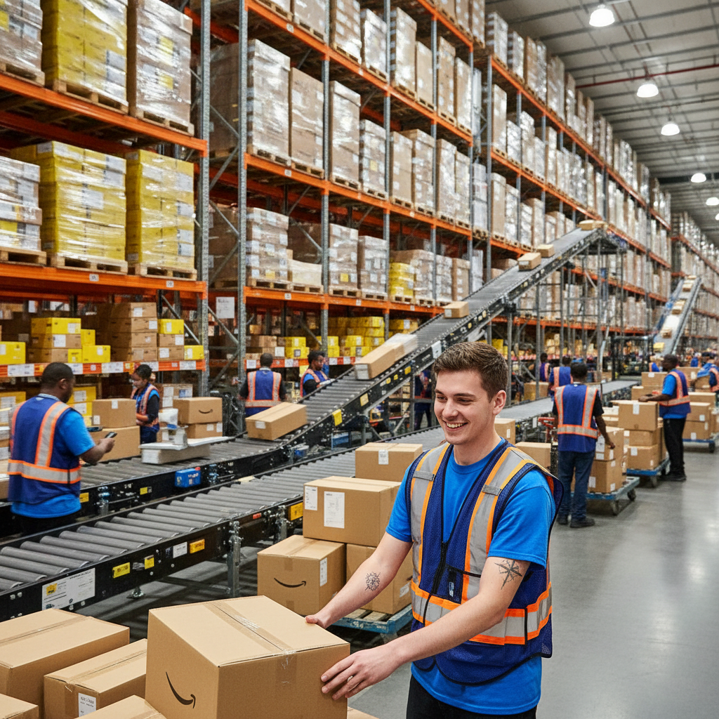 Busy Amazon warehouse environment with workers handling packages, representing common roles open to applicants with records