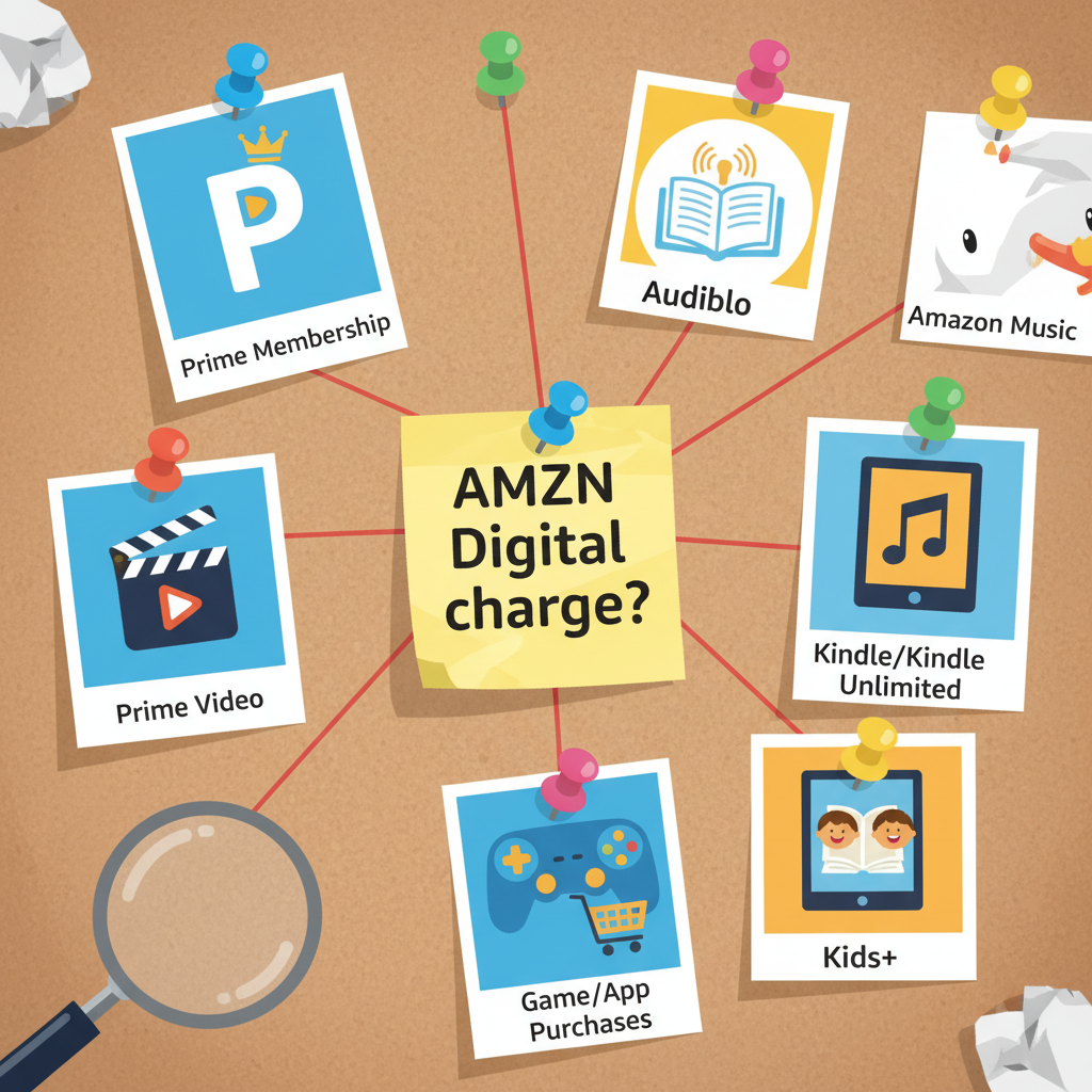 Detective style suspect board showing different Amazon digital services connected to an AMZN Digital charge