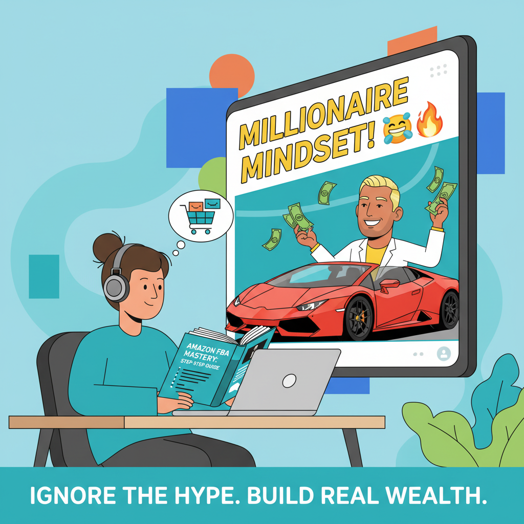 Person at a desk ignoring a flashy Lamborghini YouTube thumbnail while reading an in-depth Amazon FBA guide