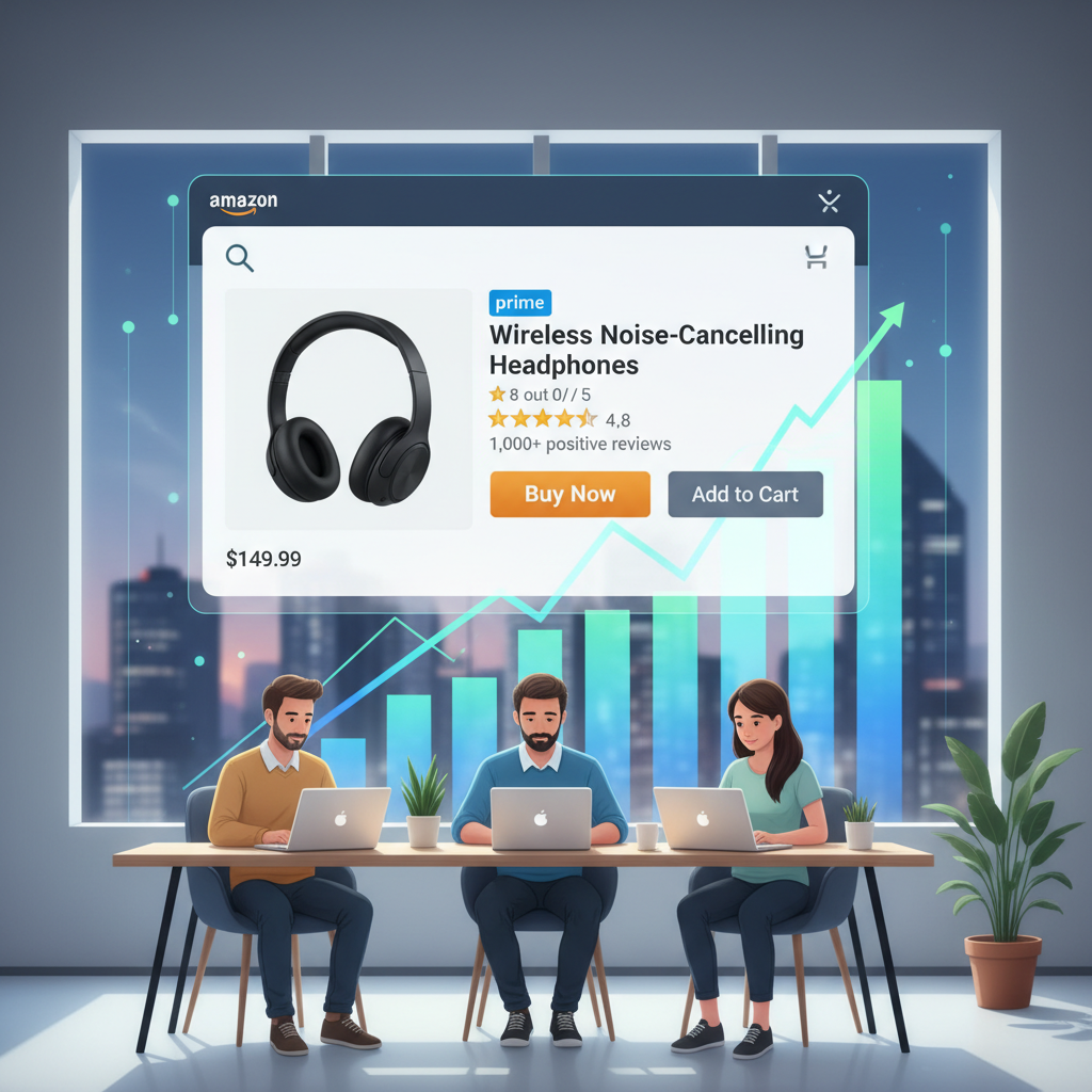 Entrepreneur in a home office planning Amazon FBA steps on a whiteboard with laptop and product samples