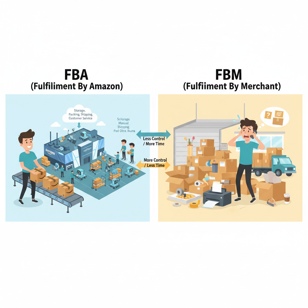 Infographic illustration comparing FBA vs FBM with a calm seller using Amazon warehouses vs a stressed seller in a messy garage