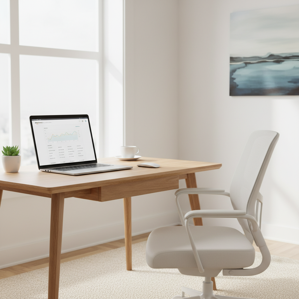 Minimalist home office with Amazon Seller Central on a laptop, no inventory or boxes in sight