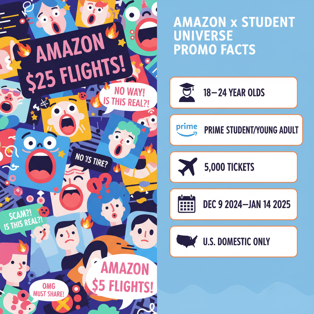 Split-screen of viral TikTok chaos about Amazon $25 flights versus a calm factual breakdown of the real promo details